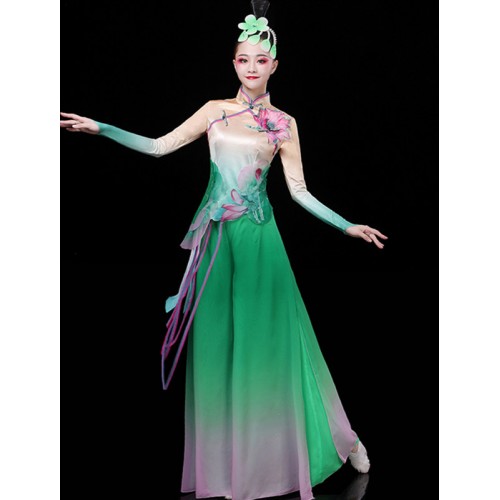 Women's girls green lotus modern dance dresses chinese folk dance fairy drama cosplay dance costumes